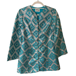 Ronda Roy Montreal Vintage 60s Geometric Metallic Turquoise Silver Blazer Size S